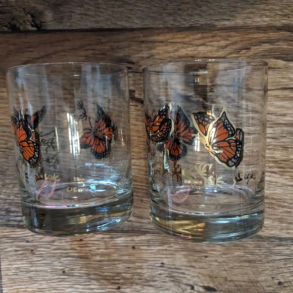 vintage couroc butterfly glasses Set of 2  MCM Orange Butterflies Low ball Glass - Picture 7 of 7